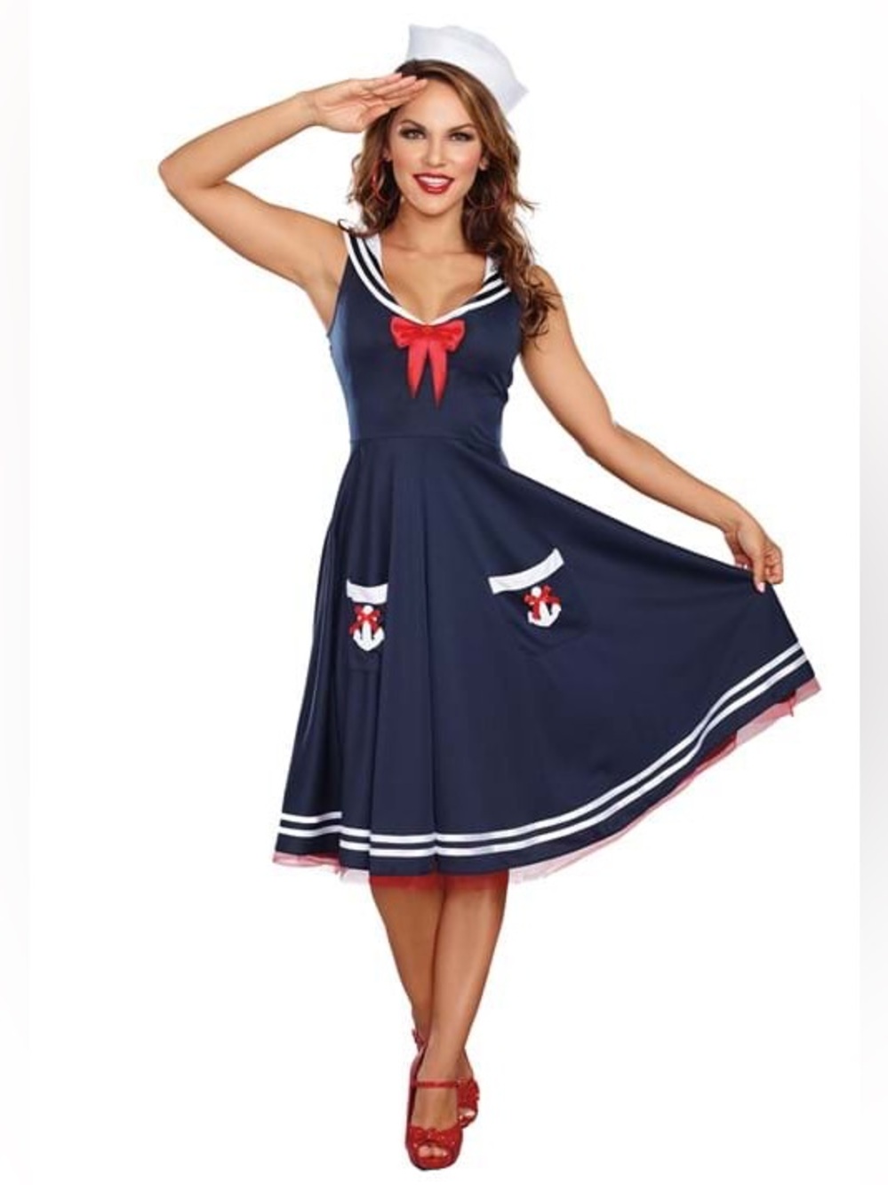 Navy Sailor-Inspired Fit & Flare Dress with Red Bow All Aboard Halloween Costume